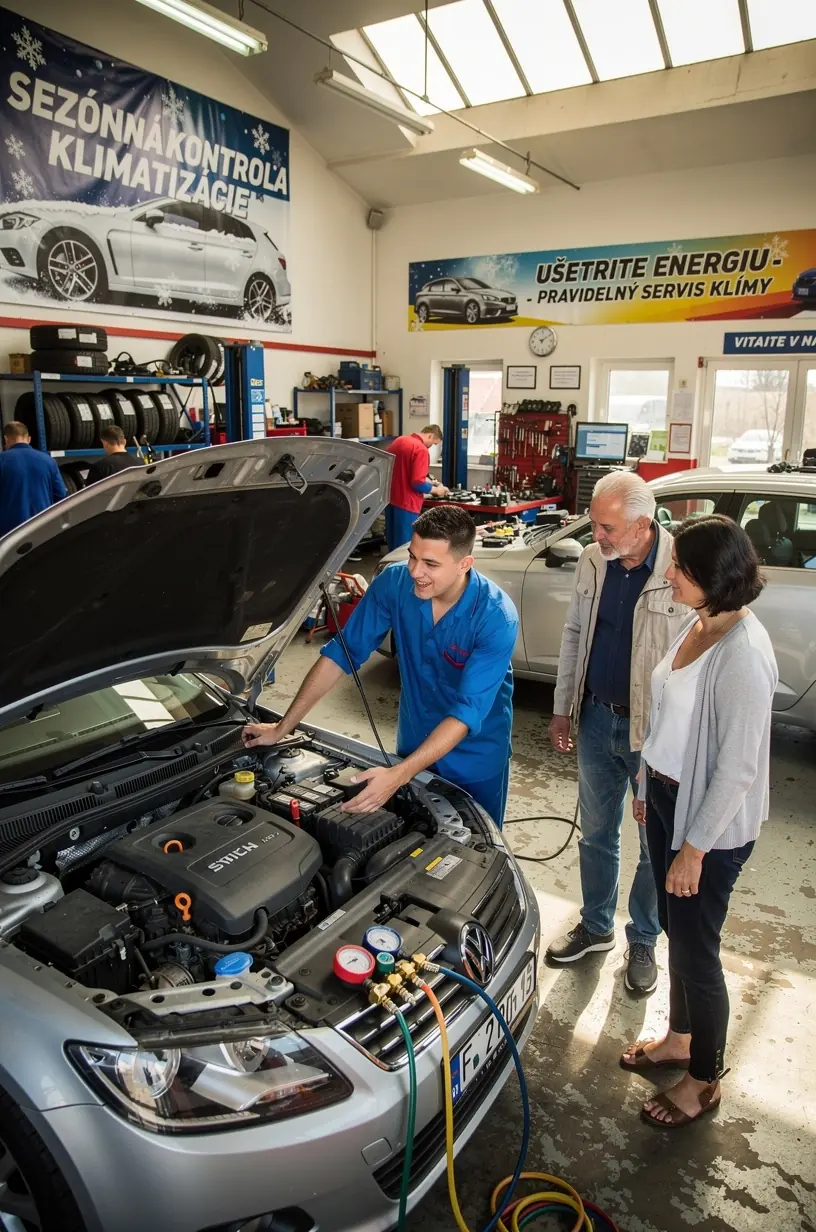 Automobil v servise počas diagnostiky a opravy klimatizačného systému.